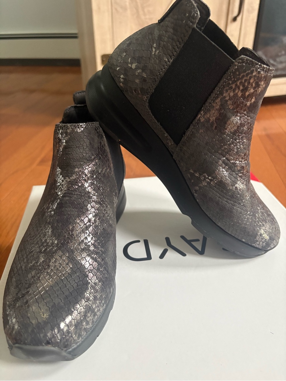 Women's Gray/Metallic Snake-Print Slip-On Ankle Boots